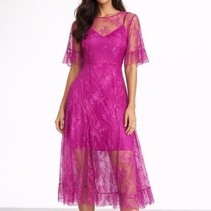 NWT Melloday Fuschia Pink Floral Lace Short Sleeve Cami Midi Dress Size L